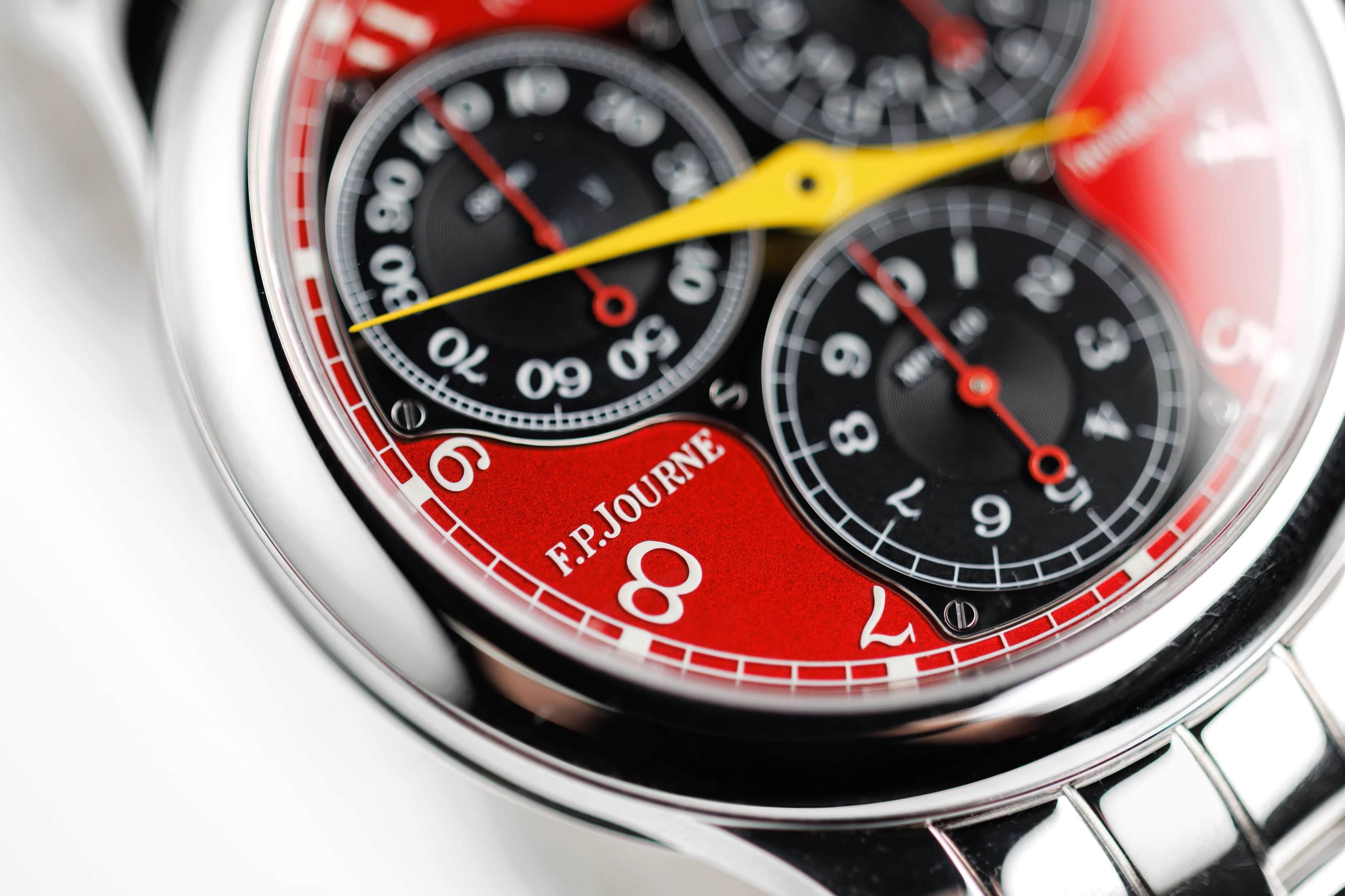 F.P. Journe Centigraphe with a red and black dial and a yellow chronograph hand